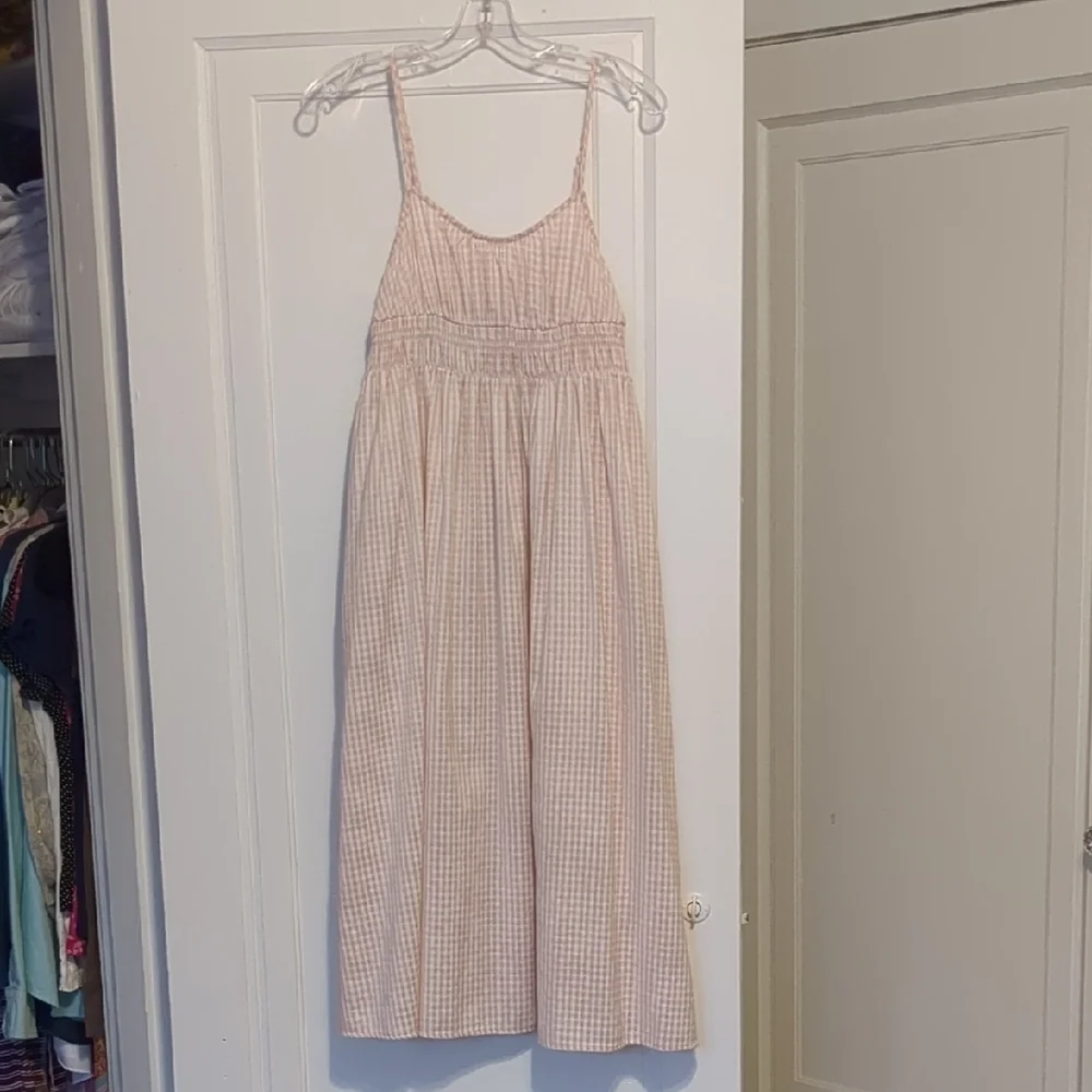Peach Light Gingham Sundress Empire Waist Pockets Spaghetti Straps Small - Picture 1 of 5